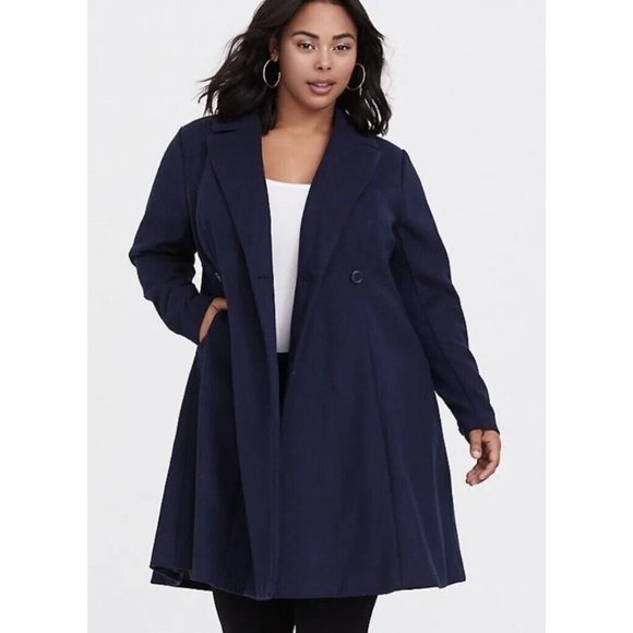 Outlander Swing‎ Coat Women's 6X Navy Blue Rayon Stretch Double Breasted 7424 - Picture 1 of 13